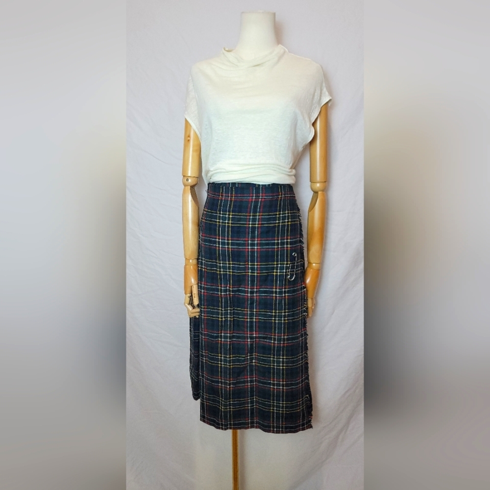 Vintage 70s Deans Of Scotland Blue/Green Plaid Wool Tartan Skirt, Sz 10
